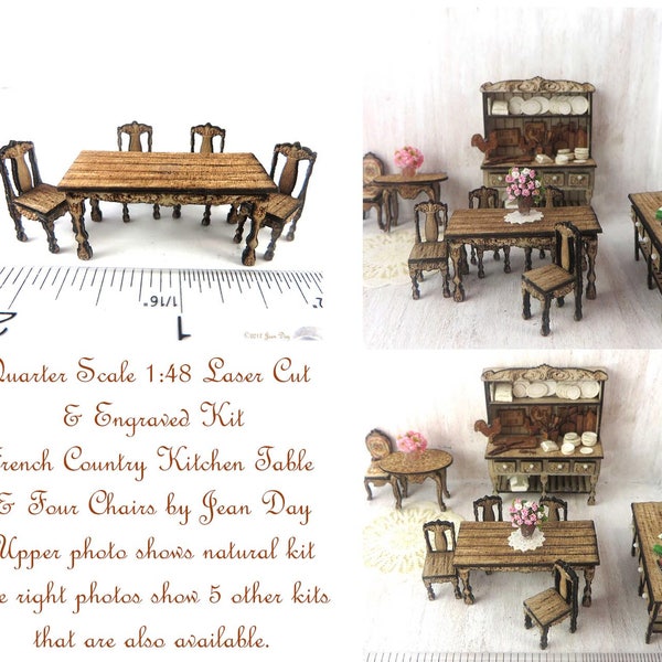 KIT French Country Laser Cut and Engraved Kitchen Table and Four Chairs Kit LC047 Quarter Scale, 1:48 Dollhouse Miniatures