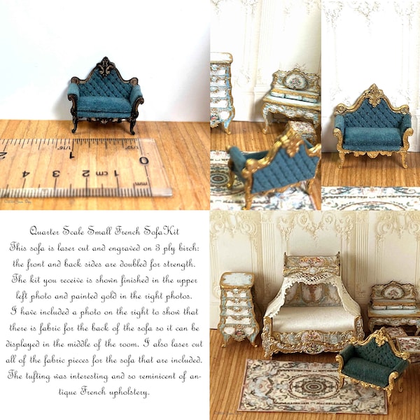 KIT Small French Sofa Kit, Laser Cut and Engraved quarter scale 1:48 Dollhouse Miniature, DIY kit in 3 colour choices,  LC217