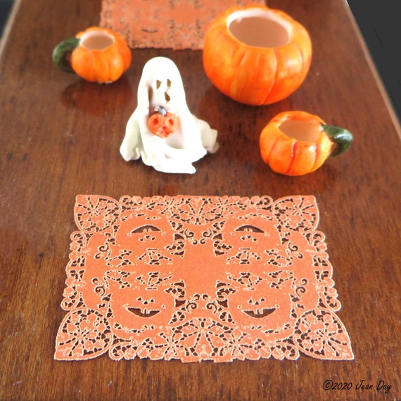 for pumpkin lovers PL203 Kit Miniature dollhouse Pumpkin and Chestnut leaves Placemats in 3 scales Deep Orange Paper set of 4