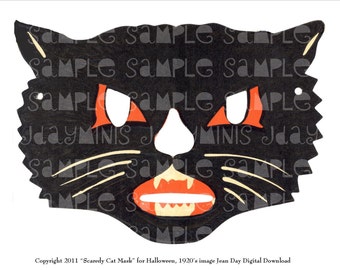 Digital Download Halloween Mask Scardey Black Cat, Vintage 1920's Art Deco Digital Collage DH009