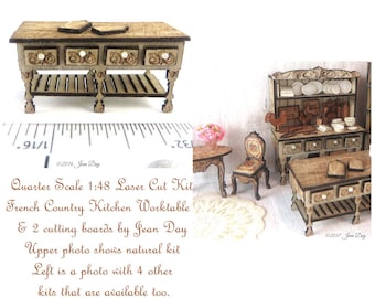 KIT Quarter Scale French Country Laser Cut and Engraved Kitchen or Shop Worktable and 2 cutting boards 1:48, LC045 Dollhouse Mini