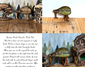Kit, Branch's Desk. Laser cut and Engraved in Birch in Quarter Scale, Dollhouse Miniature, DIY kit, 1:48 Scale LC219