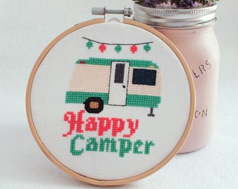 Happy Camper Cross Stitch Pattern pdf, Vintage Camping Trailer