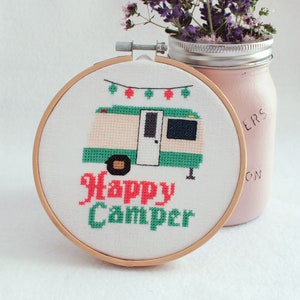 Happy Camper Cross Stitch Pattern pdf, Vintage Camping Trailer