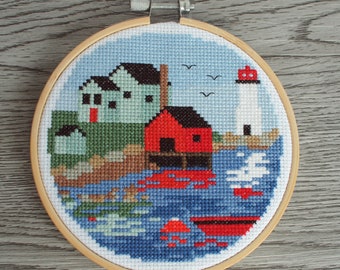 Fishing Village Cross Stitch Pattern pdf, Nova Scotia Seascape, Embroidery Instant Download