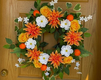 Orange Dahlia Wreath: Farmhouse Spring Summer Door Decor