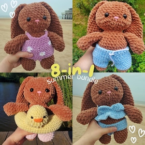 May include: A set of eight crocheted brown bunny amigurumi toys. Each bunny is wearing a different summer outfit, including a swimsuit, shorts, and a life preserver. The text "8-in-1 summer bundle" is displayed on the image.