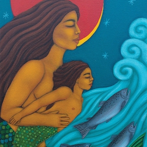 Mermaid Mother and Child - Motherhood Art - Paper Giclee Print of Original Painting By Tamara Adams