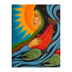 May include: A painting of a woman with a green and black headdress holding a red salmon. The background is a blue and orange sky with a sun and stars. There are two green fish in the water below the woman.
