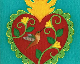 Sacred Heart and Hummingbird Painting - CANVAS GICLEE -  Wall Art & Home Decor