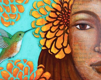 Hummingbird Portrait - Goddess Art Paper Giclee Print of Original Painting - Mixed Media Wall Art Home Decor by Tamara Adams