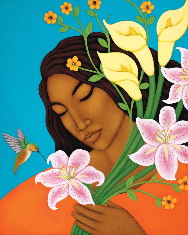 Portrait with Hummingbird Flower Goddess Mexican Wall Art Home Decor by Tamara Adams Paper Giclee Print of Original Painting