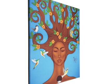 Mexican Folk Art - Tree of life Tree Spirit Portrait - Canvas Giclee Print of Original Goddess Painting