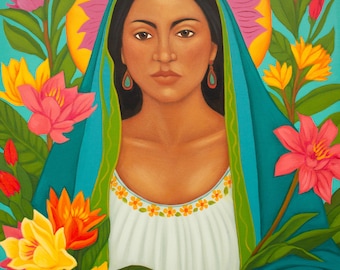 Portrait of Goddess with Flowers - Folk Art Wall Decor Original Painting by Tamara Adams