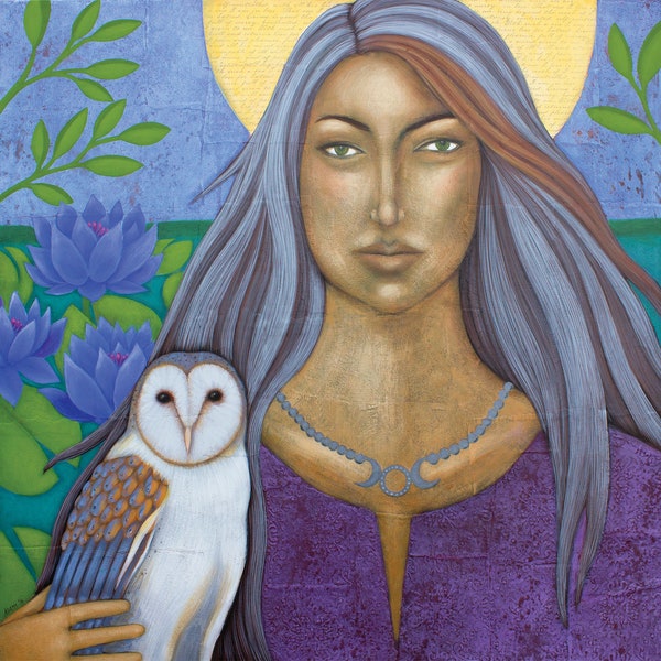 Wisdom Goddess Crone and Owl Paper Giclee Print of Original Painting - Wall Art & Home Decor