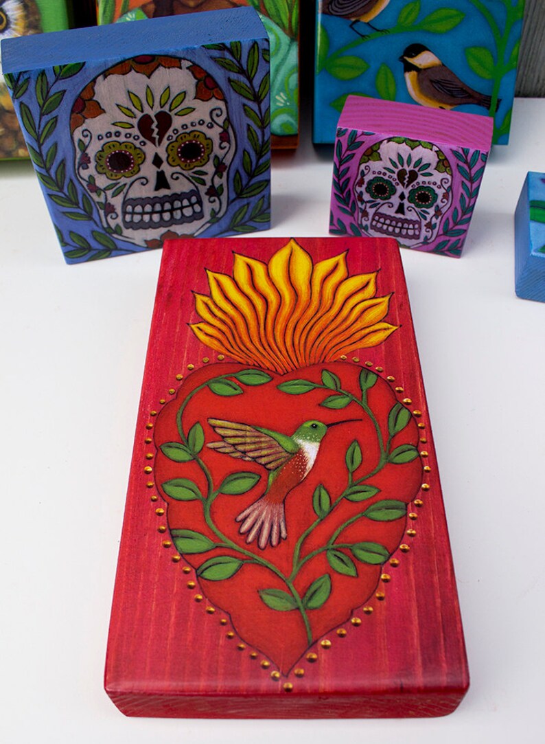 Sacred Heart & Hummingbird - PRINT of Original Painting on Wood Block - Mexican Folk Art by Tamara Adams bild 1
