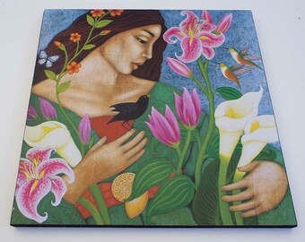 Mother Earth Goddess - Wood mounted art print of original Painting by Tamara Adams
