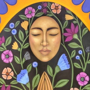 Prayer Painting Madonna Portrait with Flowers Folk Art Original on Wood by Tamara Adams
