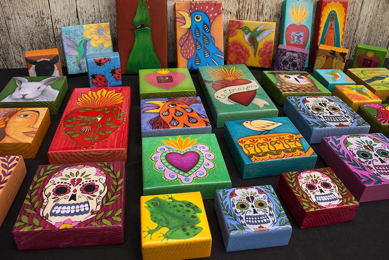 Sacred Heart & Hummingbird - PRINT of Original Painting on Wood Block - Mexican Folk Art by Tamara Adams bild 2