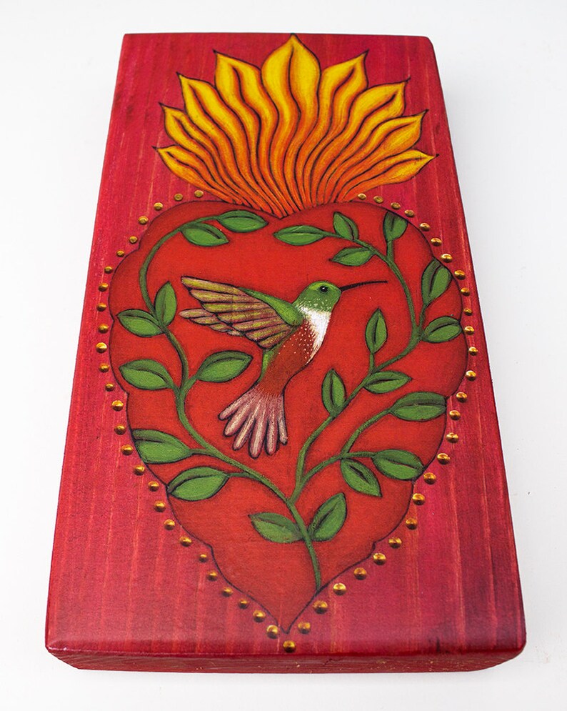 Sacred Heart & Hummingbird - PRINT of Original Painting on Wood Block - Mexican Folk Art by Tamara Adams bild 3