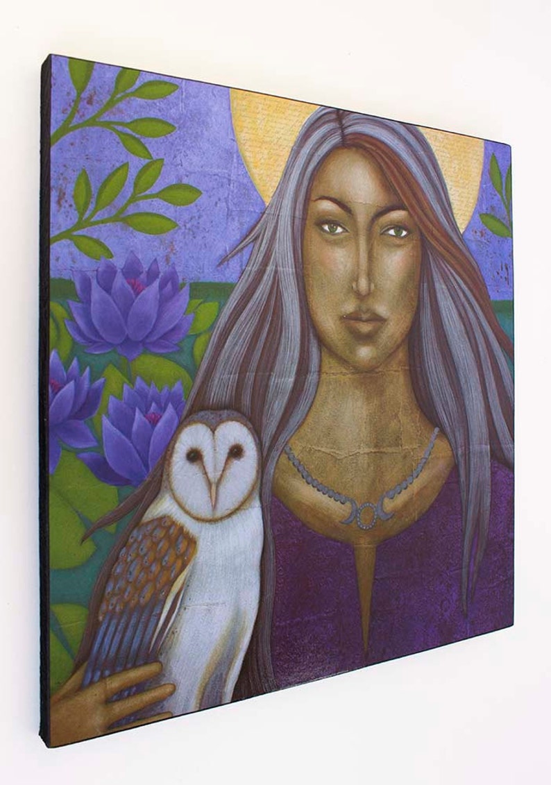 Moon Goddess with Owl and Lotus Flower Wood mounted art Etsy