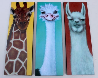 Llama Ostrich Giraffe - Original Caricature Animal Art Print - Kids Wall Art and Nursery Decor