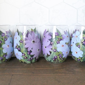 Stemless Wine Glasses Hand Painted Purple Floral