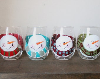 Stemless Hand Painted Wine Glasses Snowman Design