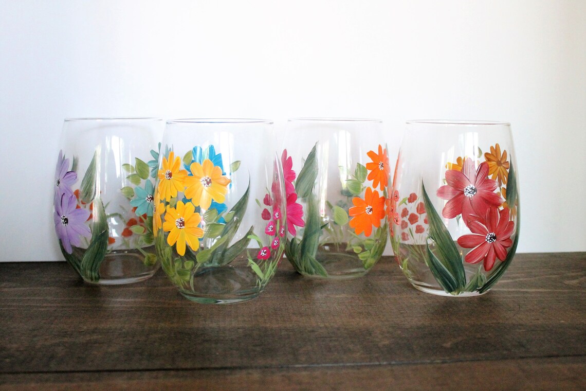 Stemless Wine Glasses Hand Painted Wildflowers 3 Etsy