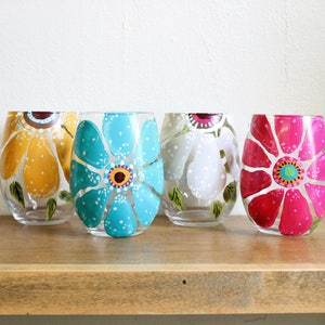 Stemless Wine Glasses Hand Painted Large Flower Design image 4