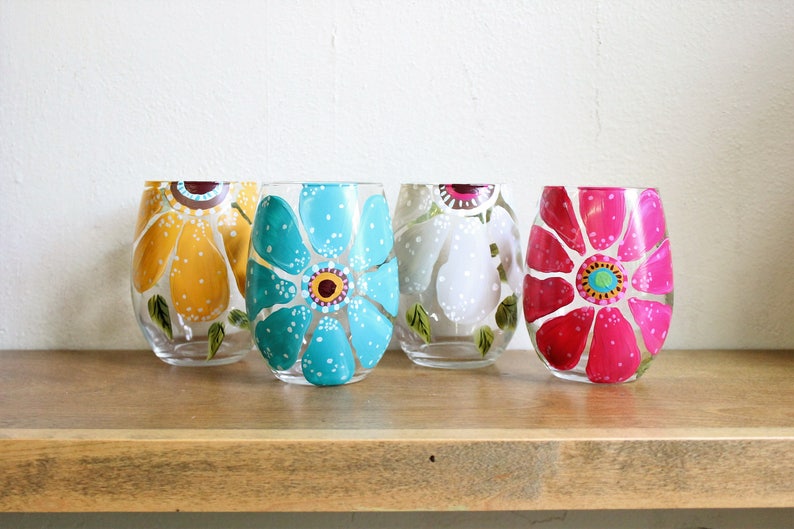 Stemless Wine Glasses Hand Painted Large Flower Design image 4