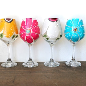 Wine Glasses Hand Painted Large Flower Design