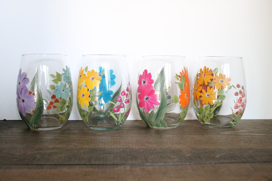 Stemless Wine Glasses Hand Painted Wildflowers 3 - Etsy