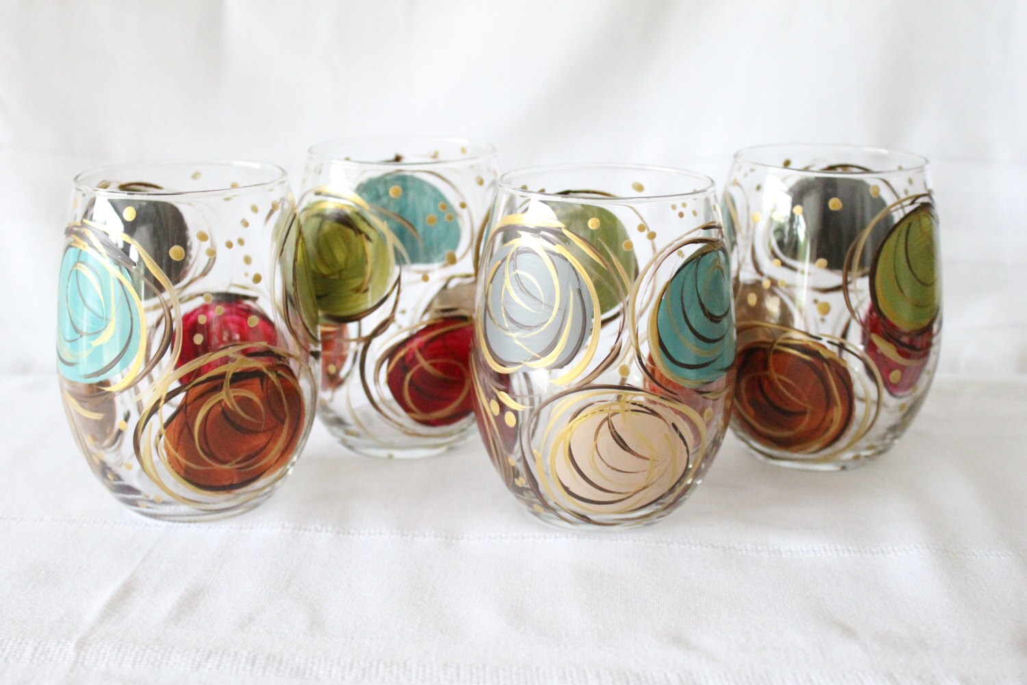 Stemless Wine Glasses Swirl Design Muted Classic Colors Etsy
