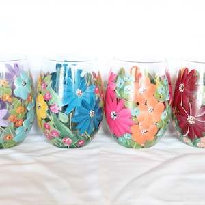 Stemless Wine Glasses Hand Painted Floral Mixed Flowers 3