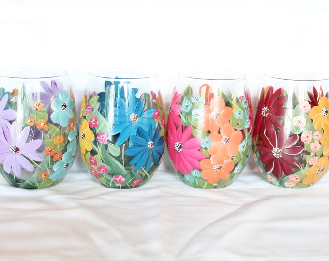 Stemless Wine Glasses Hand Painted Floral Mixed Flowers 3