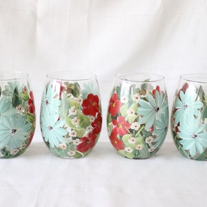 Stemless Hand Painted Wine Glasses Minty Blue, Tomato Red and Ivory Floral