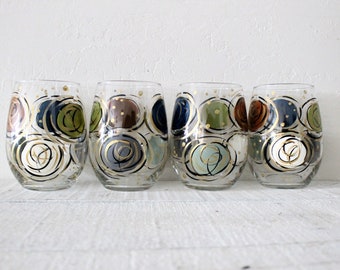 Stemless Wine Glasses Hand Painted Olive, Blue. Neutral Color Swirl Design