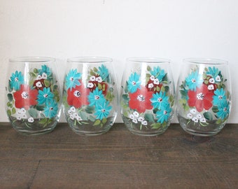 Stemless Wine Glasses Hand Painted Bouquet red, aqua, ivory