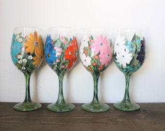 Wine Glasses Painted Mixed Floral 8