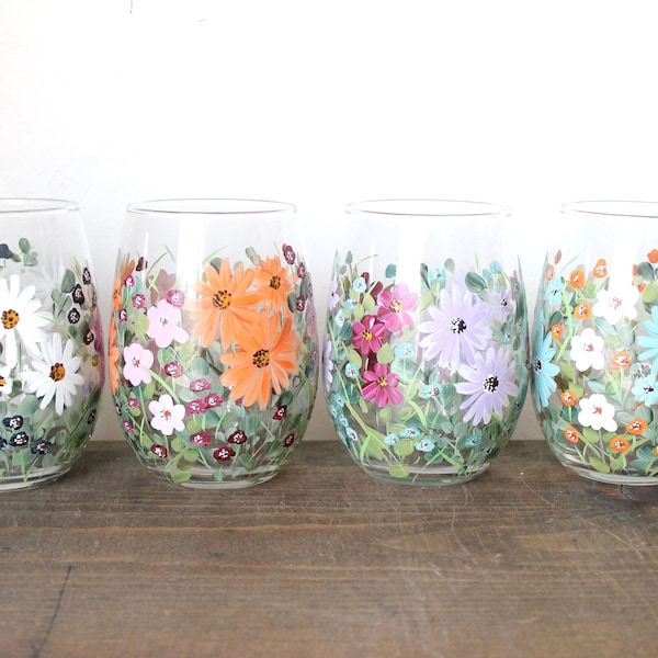 Wine Glasses Stemless Hand Painted Mini Floral