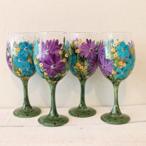 Wine Glasses Painted Purple, Turquoise, Yellow Floral