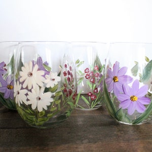 Painted Wine Glass Stemless Wildflowers Purple, White, Burgandy