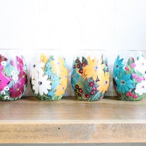 Stemless Wine Glasses Hand Painted Mixed Floral 2 image 2