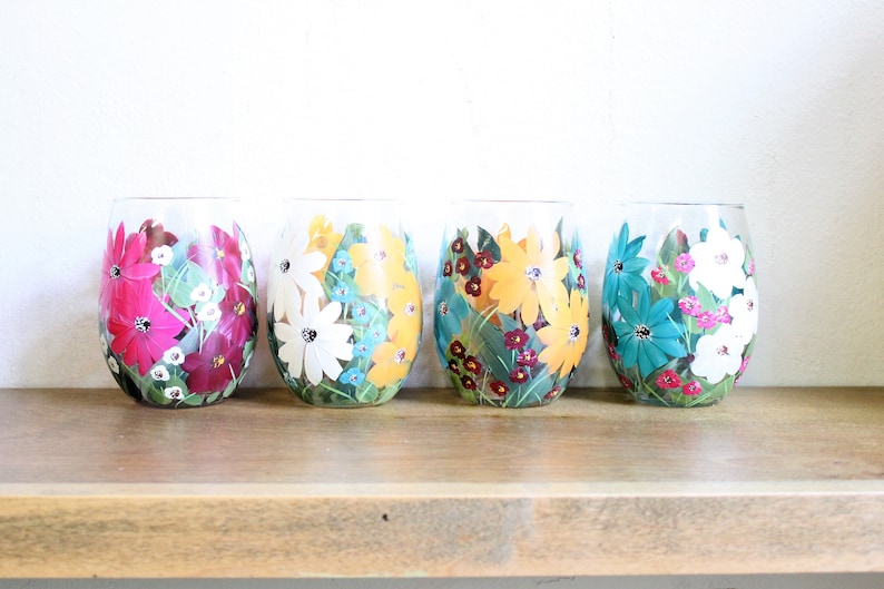 Stemless Wine Glasses Hand Painted Mixed Floral 2 image 2