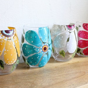 Stemless Wine Glasses Hand Painted Large Flower Design image 3