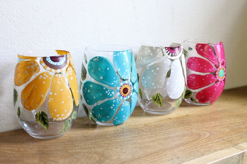 Stemless Wine Glasses Hand Painted Large Flower Design image 3