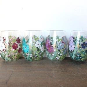 Wine Glasses Stemless Hand Painted Mini Floral Muted Colors