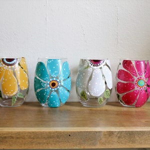 Stemless Wine Glasses Hand Painted Large Flower Design