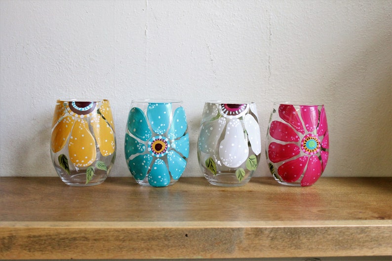 Stemless Wine Glasses Hand Painted Large Flower Design image 1